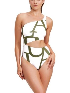 Gottex White One-Shoulder Cutout Swimsuit with Olive Graphic
